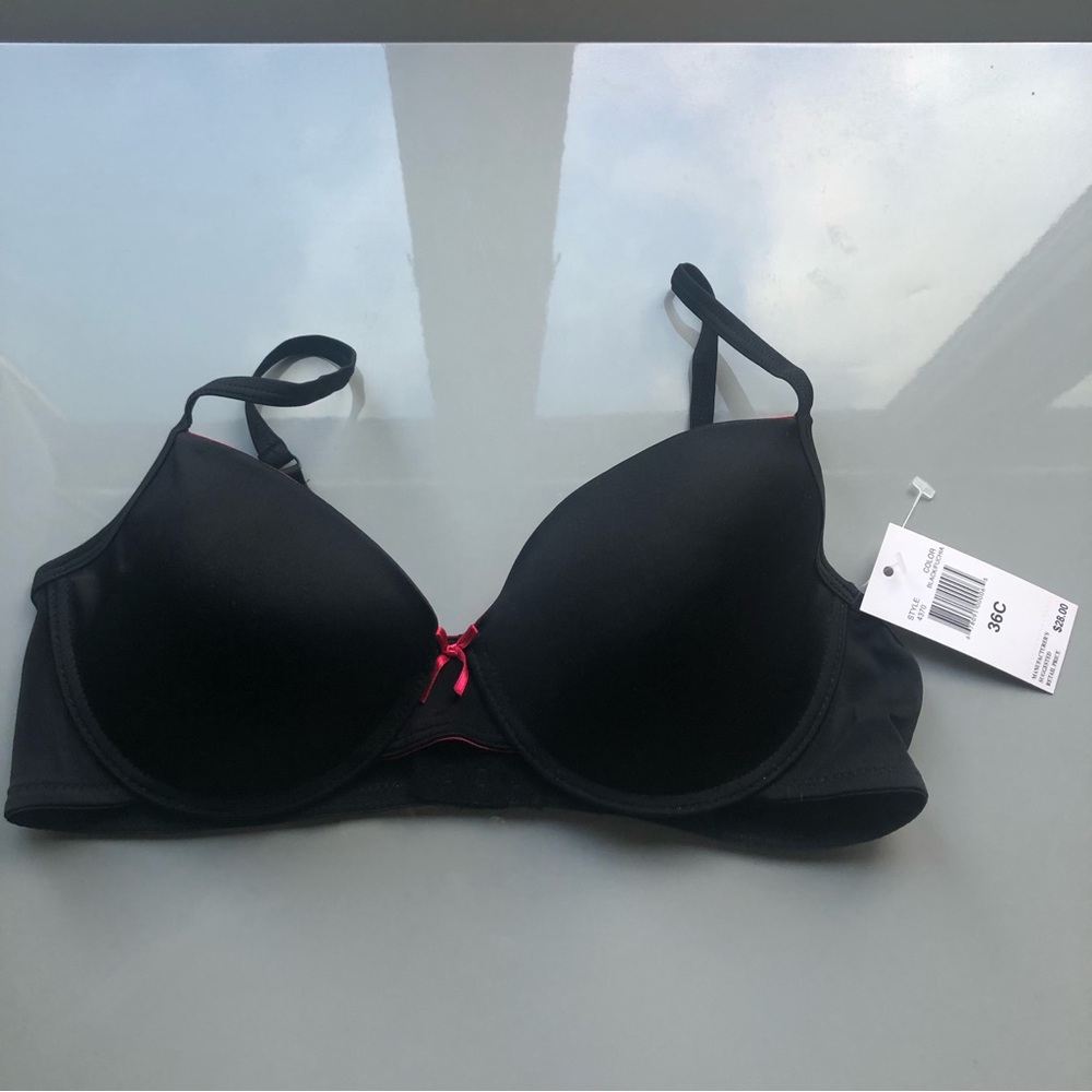 NWT black molded-cup bra with pink bow detail.
